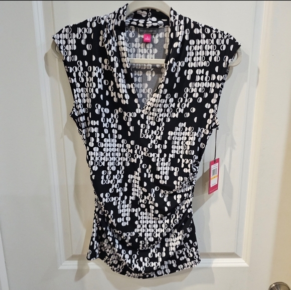 Vince Camuto ✦ Black White Geometric Blouse ✦ Cinched Sides V-Neck Sleeveless S - Picture 7 of 16